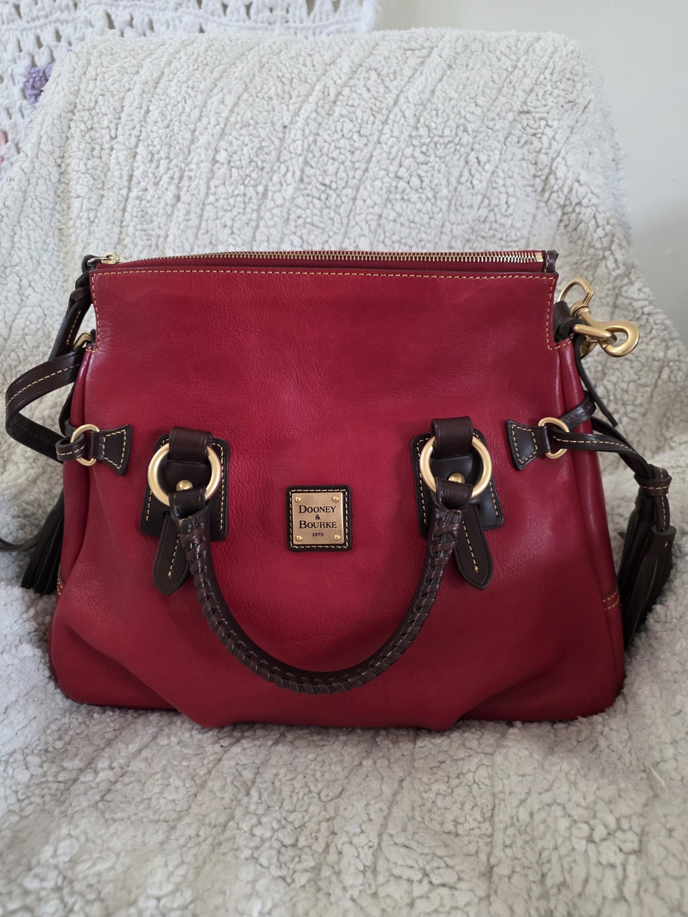 Dooney & Bourke Florentine Stanwich Satchel Red Brown Tmoro Trim NWOT - Picture 3 of 16